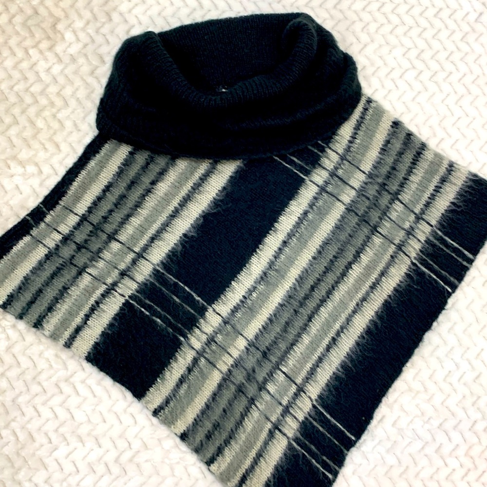 WOODEN SHIPS. COWL NECK MOHAIR PONCHO ONE SIZE PLAID & STRIPES BLACK GRAY CREAM